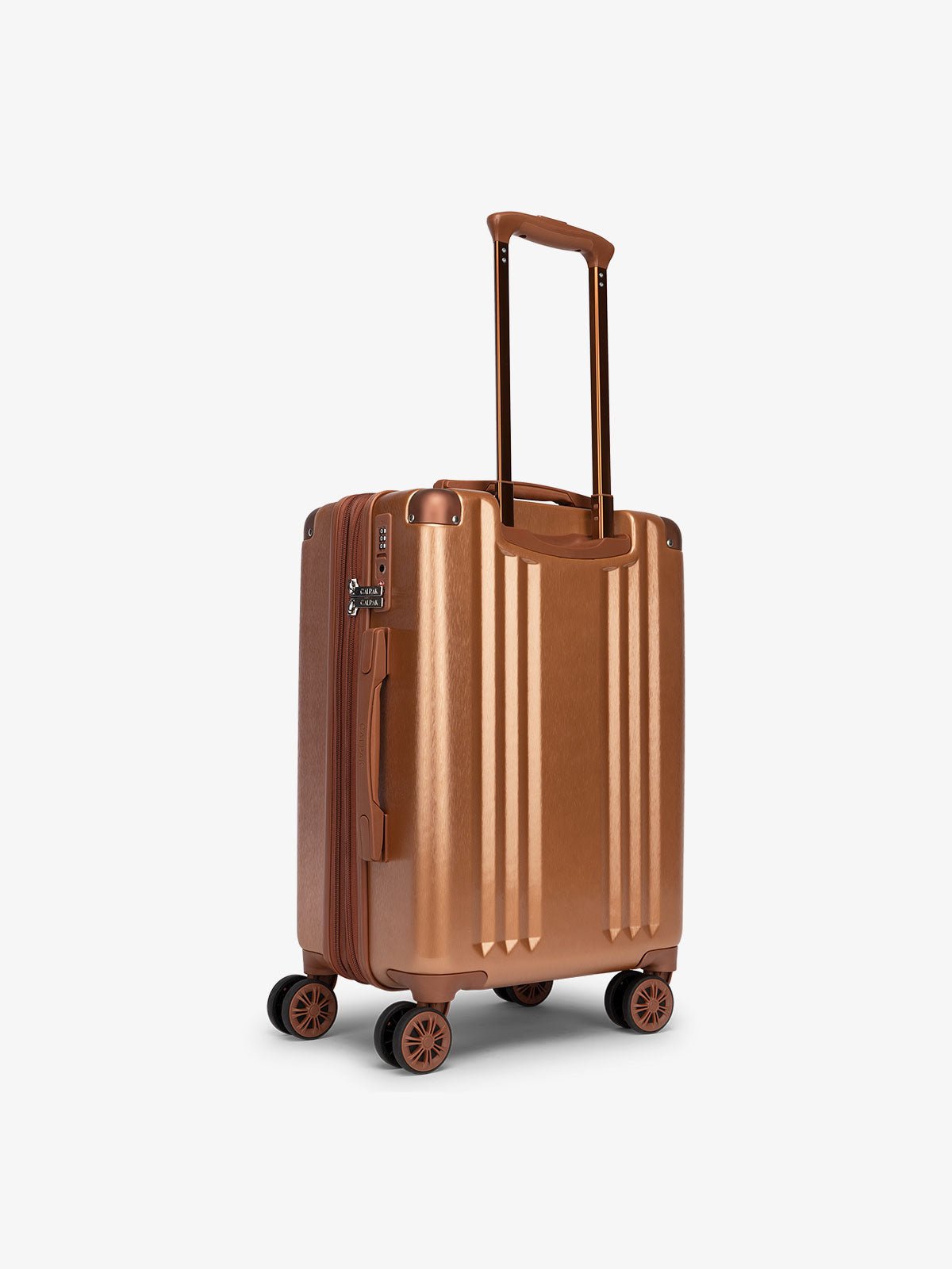 CALPAK Ambeur carry-on luggage featuring TSA lock, 360 spinner wheels, and expanded top handle in copper