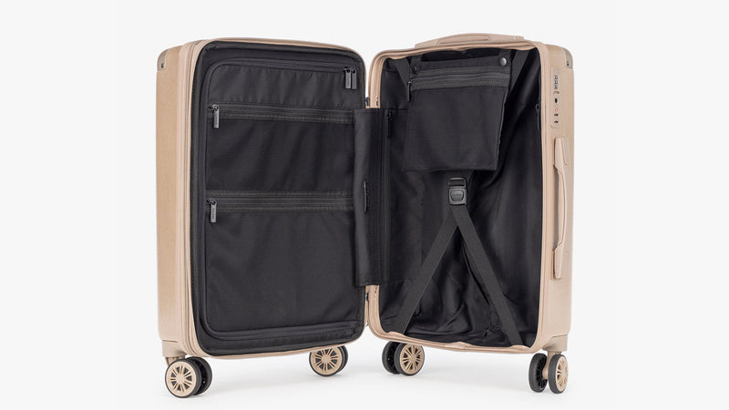 Ambeur Carry On Luggage in Gold opened showing interior and capacity