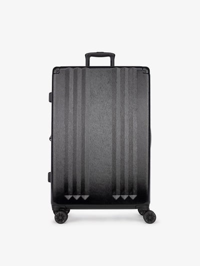 Studio product shot of front-facing CALPAK Ambeur large 30-inch black hardshell spinner luggage; LAM1028-BLACK