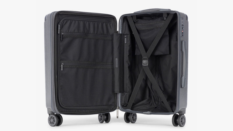 CALPAK Ambeur Medium Luggage in grey Gunmetal opened showing interior and capacity