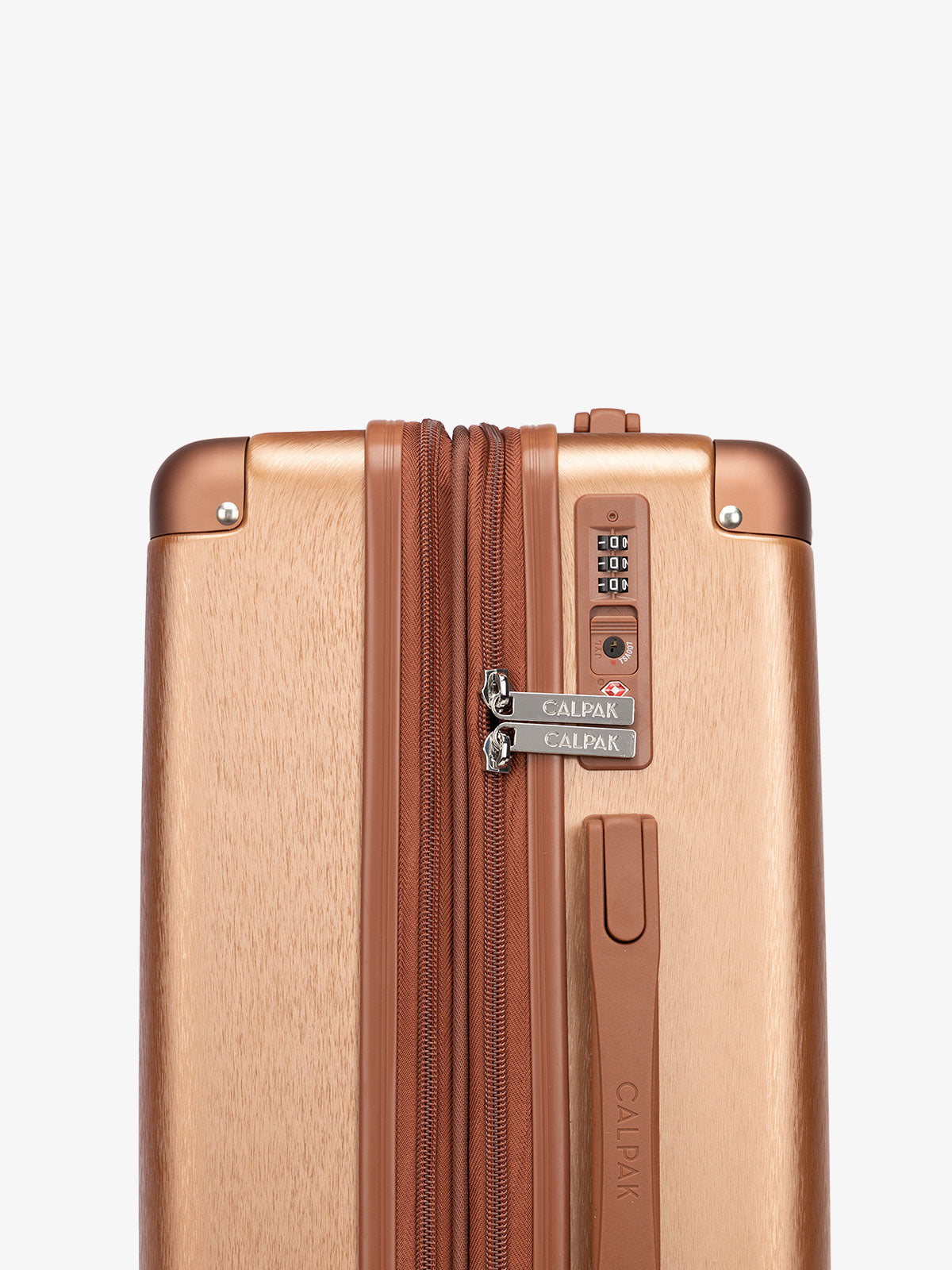CALPAK Ambeur gold medium sized expandable suitcase with built-in TSA lock in copper; LAM1024-COPPER