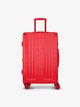 Studio product shot of front-facing CALPAK Ambeur medium 26-inch lightweight hardshell luggage with 360 spinner wheels in metallic red; LAM1024-METALLIC-RED