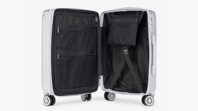 CALPAK Ambeur Medium Luggage in Silver opened showing interior and capacity