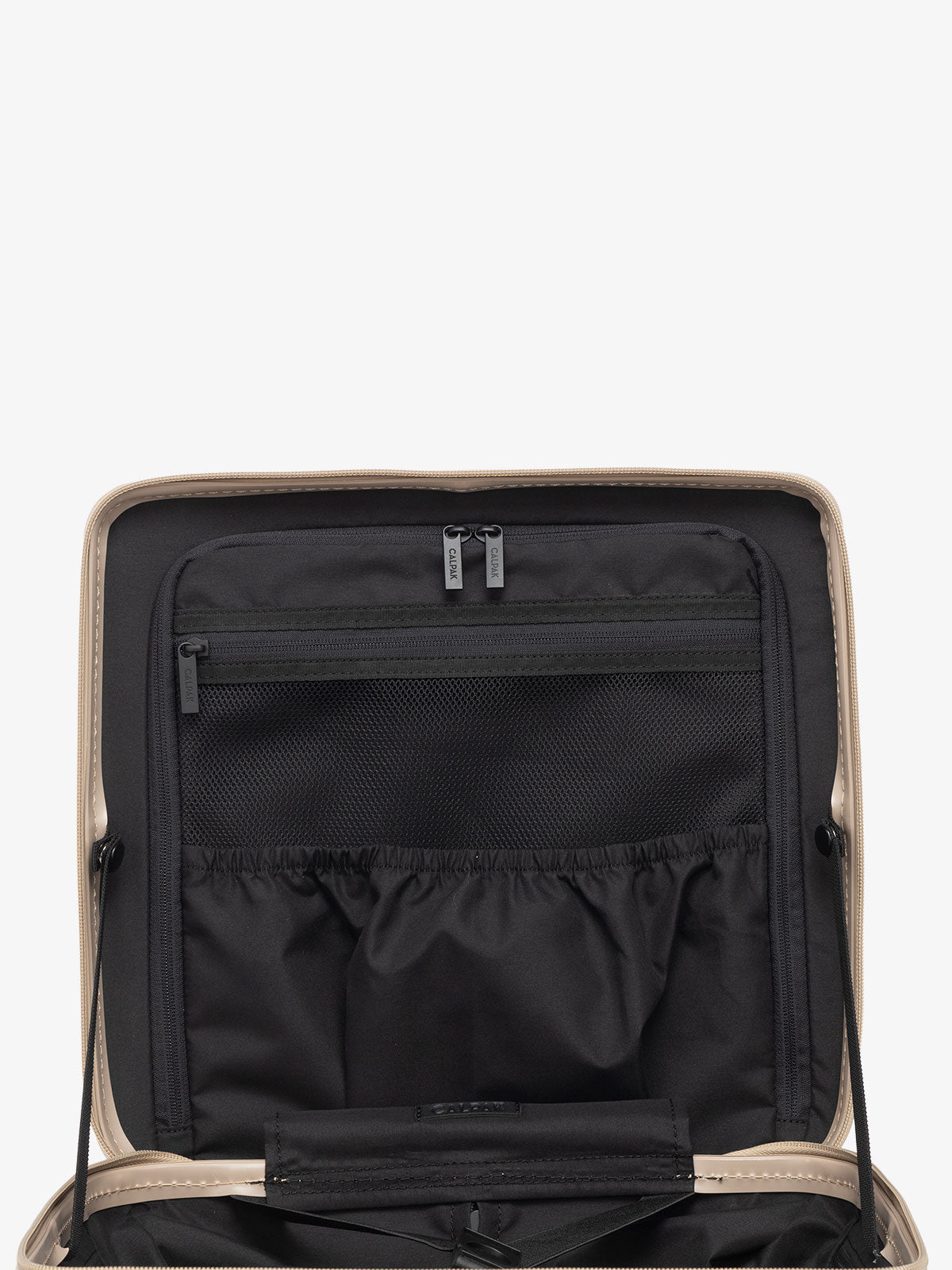 CALPAK Ambuer small wheeled carry on with multiple interior pockets and compression straps in gold; LAM1014-GOLD
