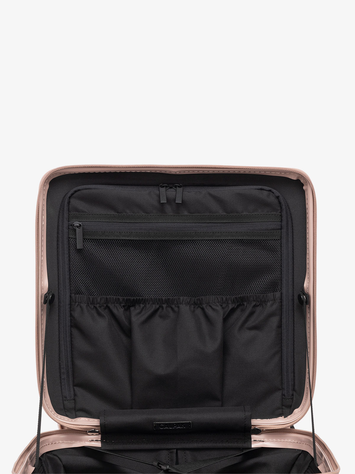CALPAK Ambuer small wheeled carry on with multiple interior pockets and compression straps in rose gold; LAM1014-ROSE-GOLD