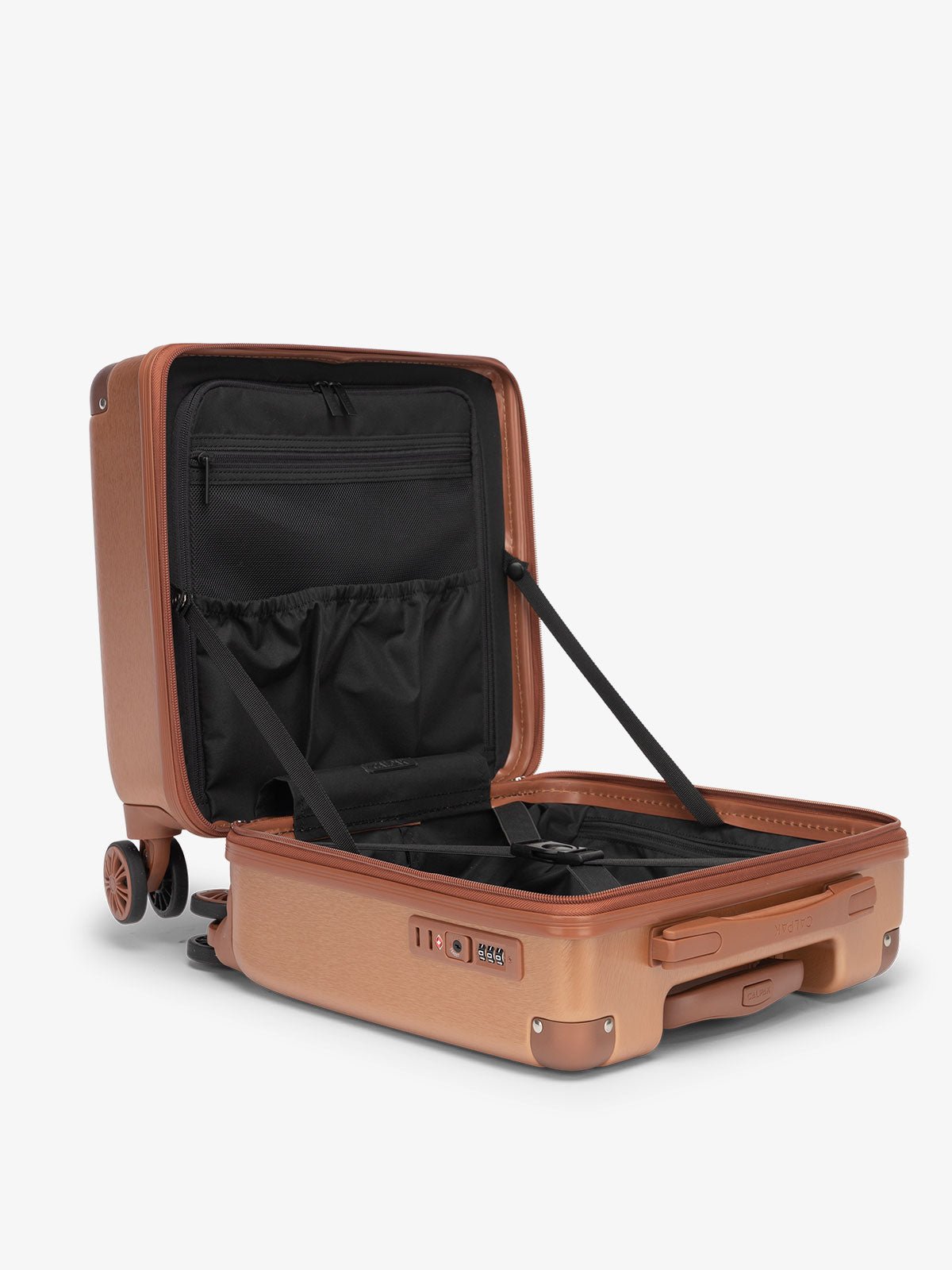 CALPAK Ambeur small carry-on with divider and multiple interior pockets in copper