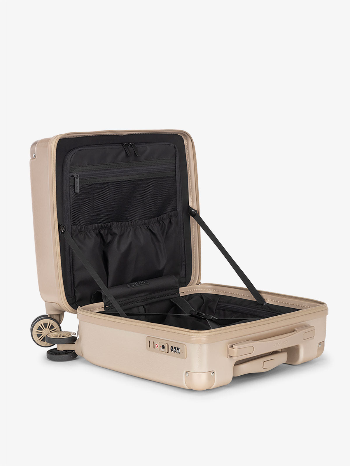 CALPAK Ambuer small carry on with divider and multiple interior pockets in gold; LAM1014-GOLD