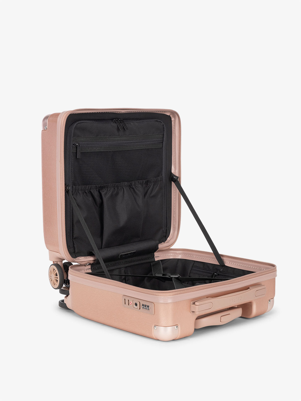 CALPAK Ambuer 16 inch wheeled carry on luggage with divider and multiple interior pockets in rose gold; LAM1014-ROSE-GOLD