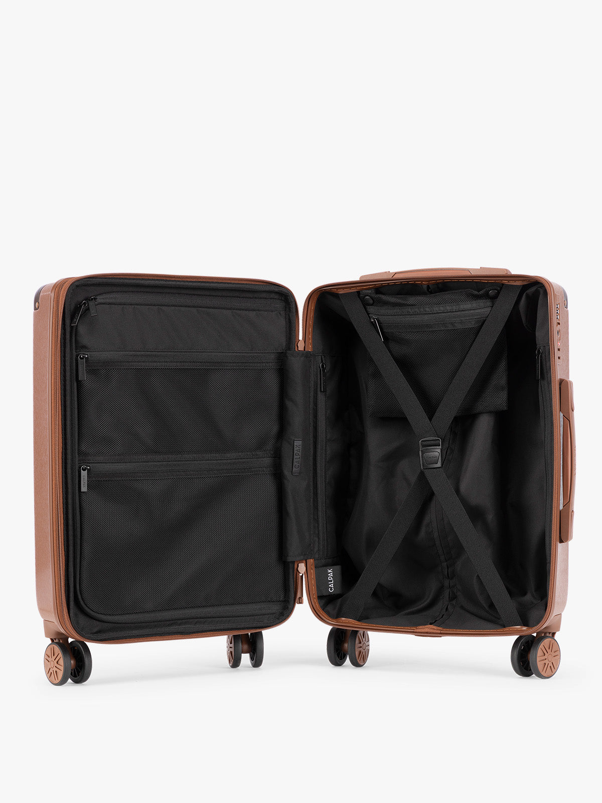 Opened interior of CALPAK Ambeur Medium Luggage in light Honey Brown with vertical ribbed detailing and an extended telescoping handle, shown from the front against a plain white background; LAM1024-HONEY-BROWN