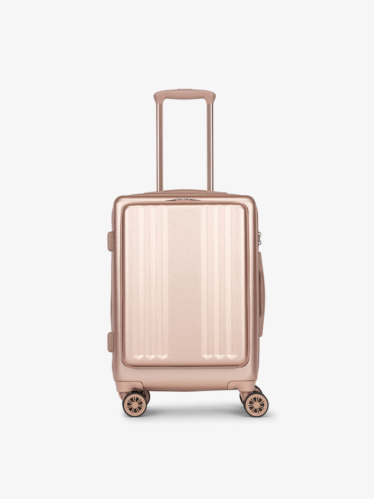 CALPAK Ambeur carry-on suitcase with pocket, TSA lock and 360 spinner wheels in rose gold; LAM1020-FP-ROSE-GOLD