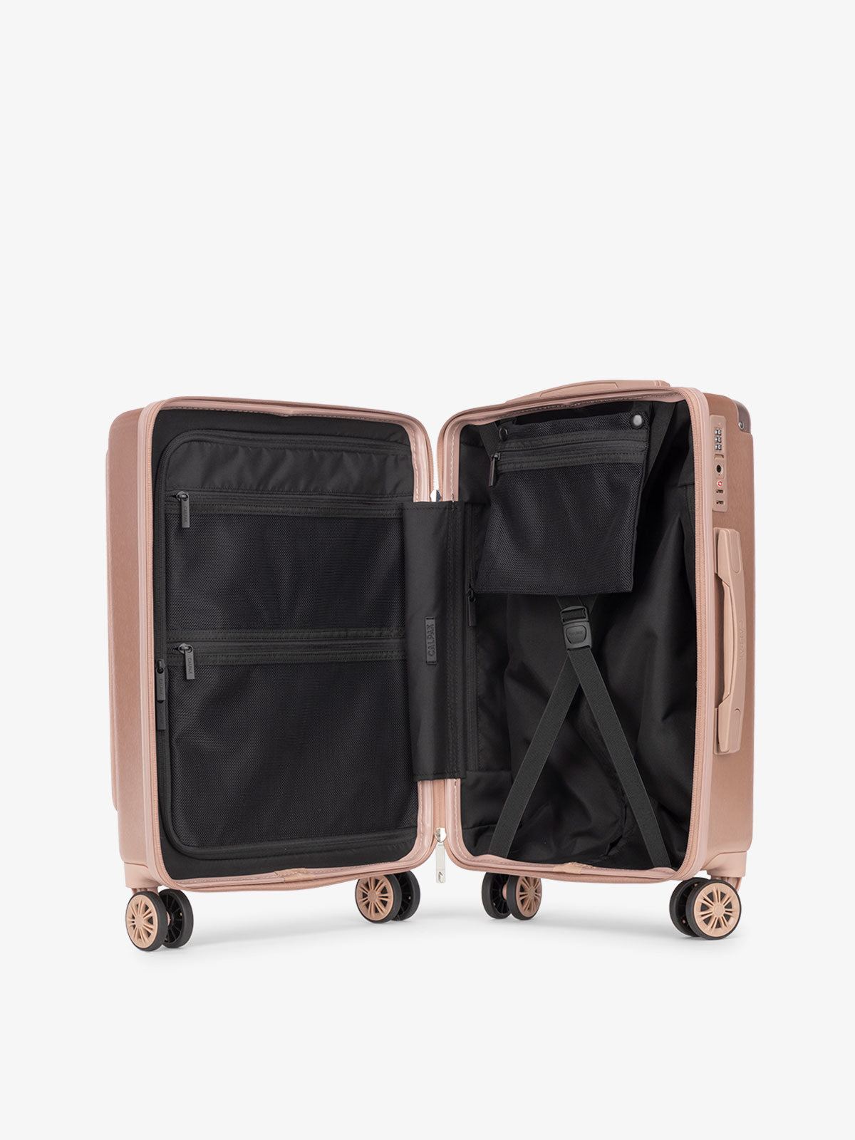 CALPAK Ambeur hard shell carry-on luggage with front pocket for laptop, TSA lock and divider with multiple pockets and compression strap in rose gold; LAM1020-FP-ROSE-GOLD