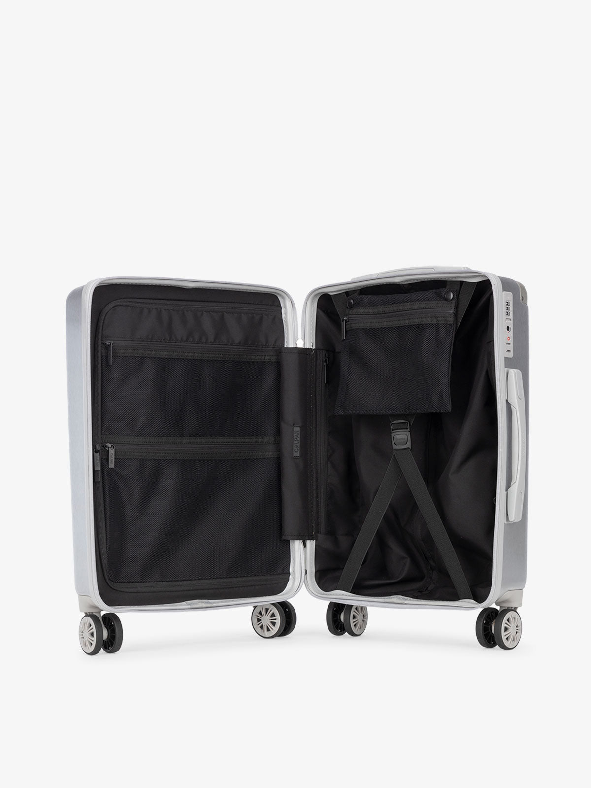 CALPAK Ambeur hard shell carry-on luggage with front pocket for laptop, TSA lock and divider with multiple pockets and compression strap in silver; LAM1020-FP-SILVER