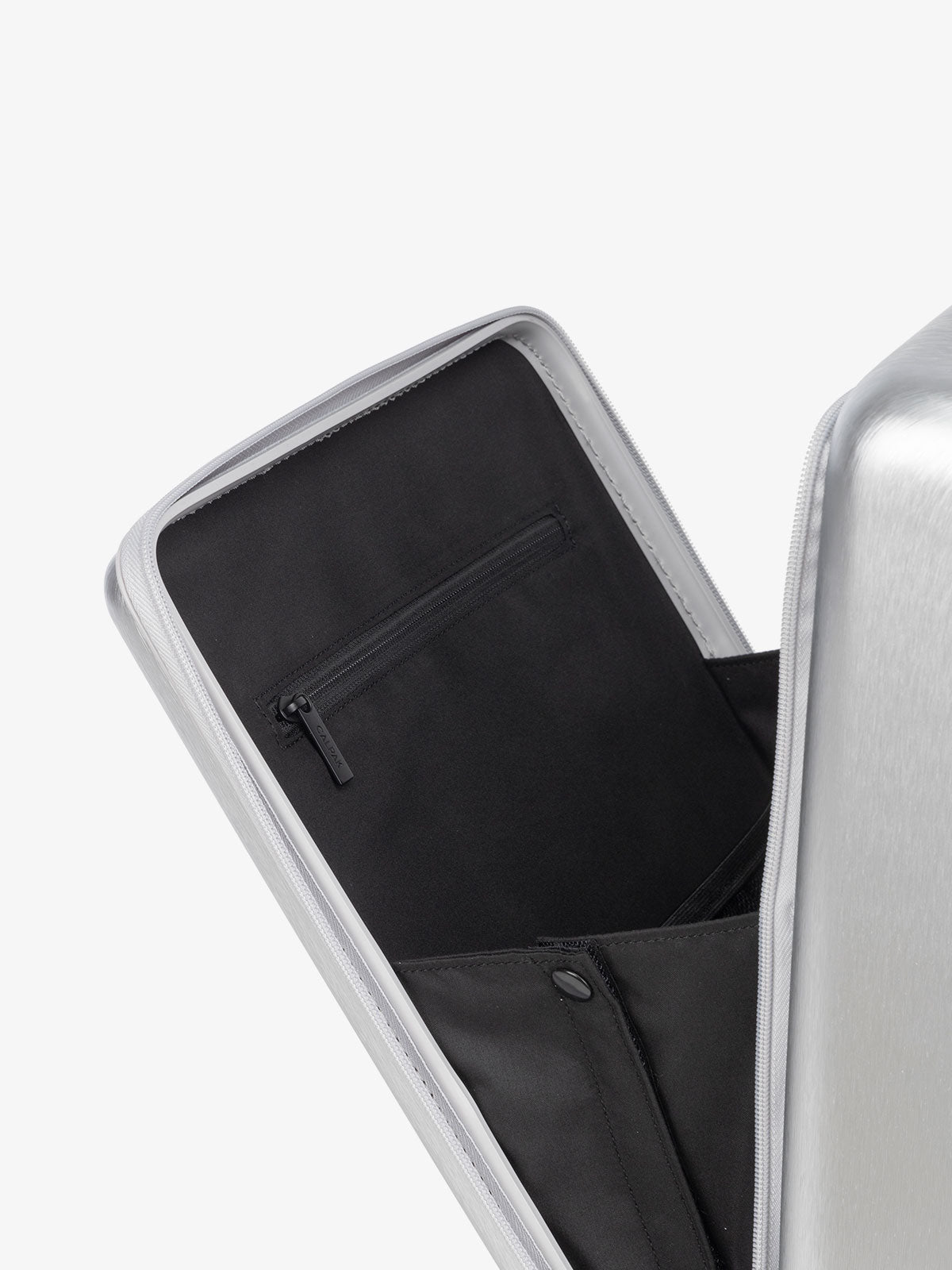 CALPAK Ambeur hard shell carry-on luggage with front pocket for laptop in silver; LAM1020-FP-SILVER