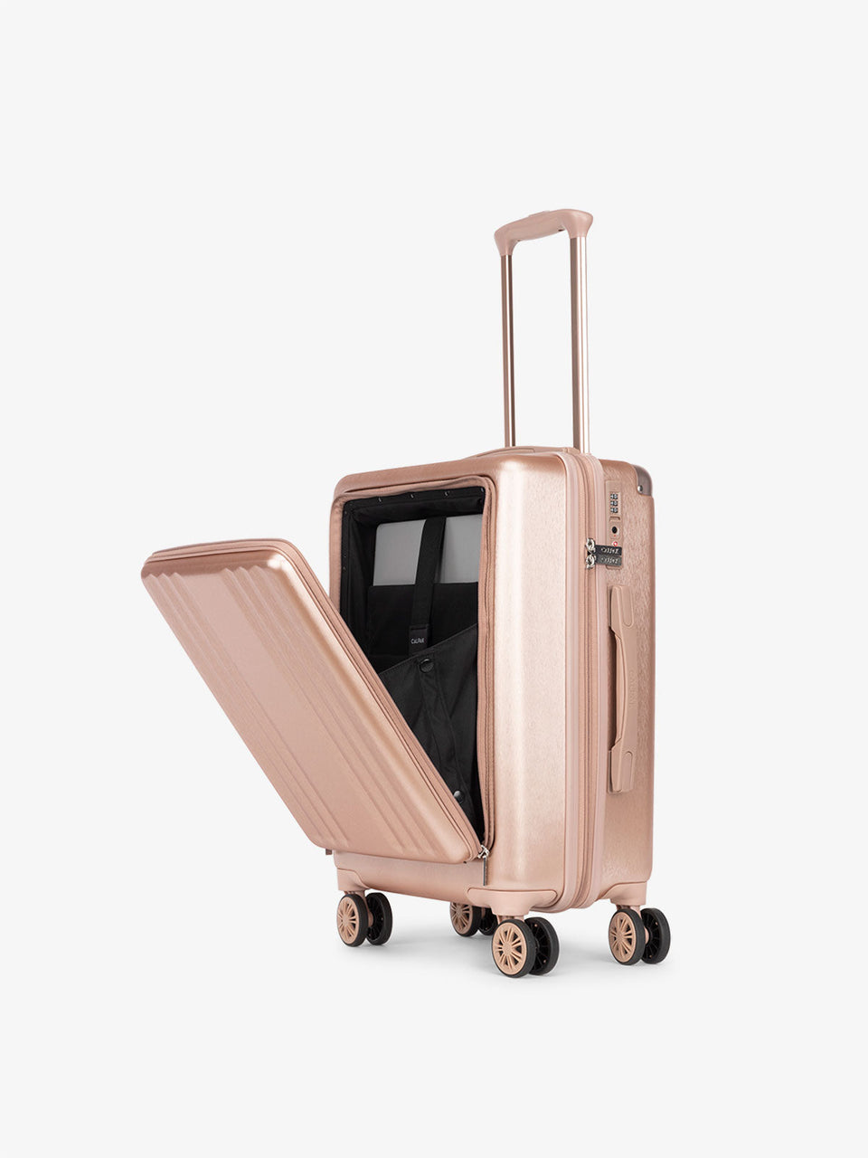 CALPAK Ambeur front pocket lightweight carry-on luggage in rose gold; LAM1020-FP-ROSE-GOLD