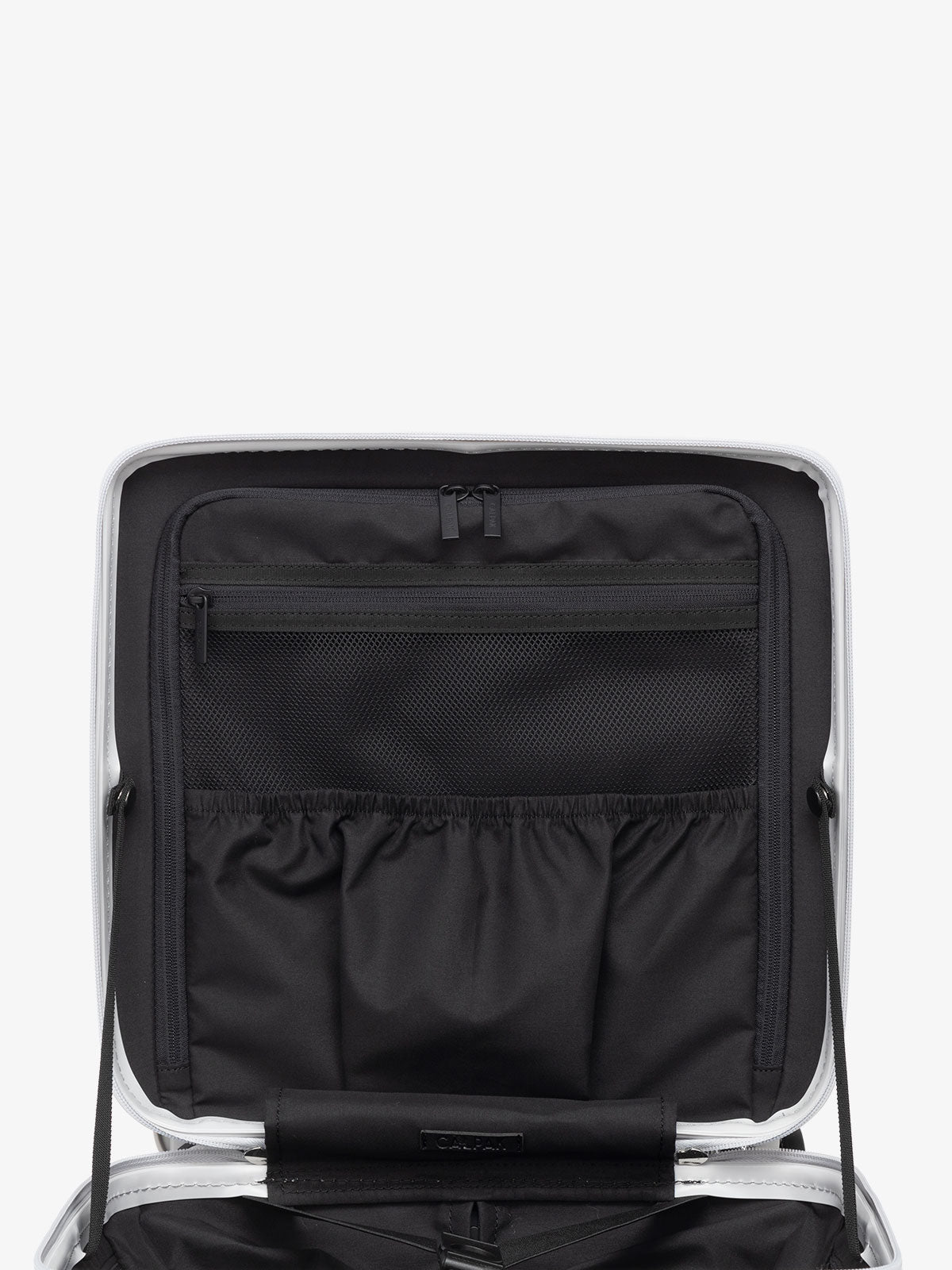 CALPAK Ambuer small wheeled carry on with multiple interior pockets and compression straps in silver; LAM1014-SILVER