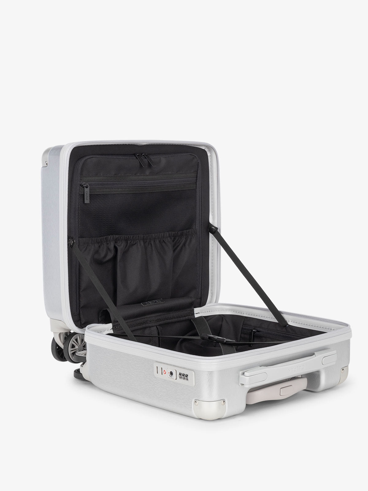 CALPAK Ambuer small carry on with divider and multiple interior pockets in silver; LAM1014-SILVER