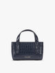A CALPAK Haven Mini Crossbody Bag in Navy blue crocodile-embossed with top handles on a plain white background; AMC2502-NAVY-FAUX-CROC