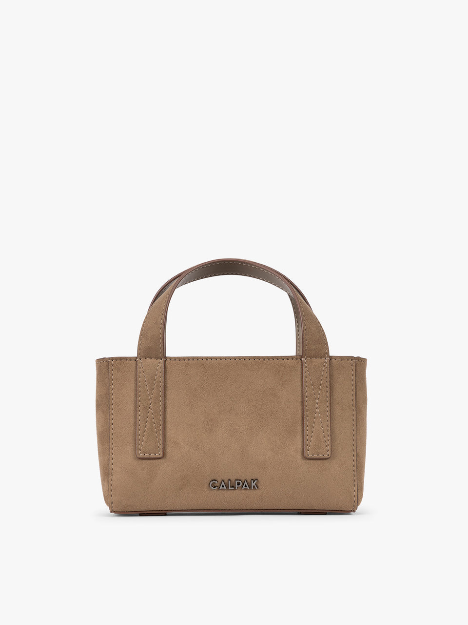 A CALPAK Haven Mini Crossbody Bag in brown Truffle Suede with top handles on a plain white background; AMC2502-TRUFFLE-FAUX-SUEDE