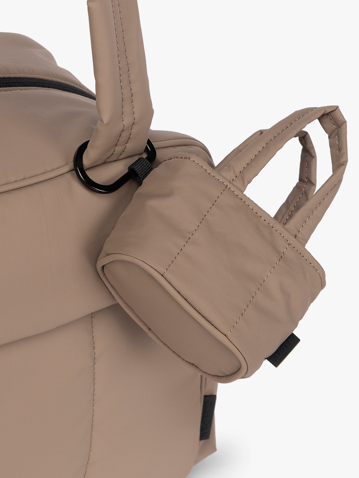 CALPAK Luka Tote Zip Bag Charm in light brown Chocolate with carabiner attached on a bag; AMT2601-CHOCOLATE
