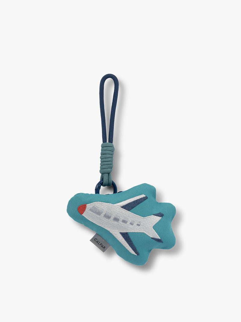 CALPAK Kids Pluffy Bag Charm white Airplane on blue plush front view