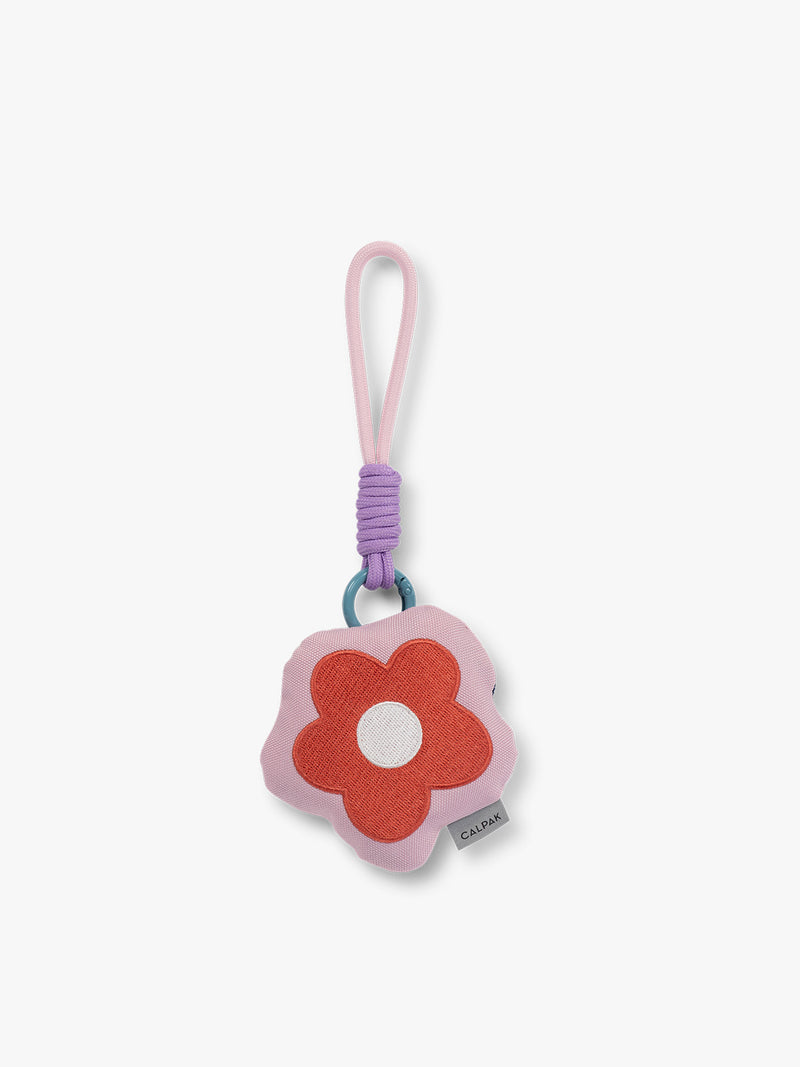 CALPAK Kids Pluffy Bag Charm red Flower on pink plush front view