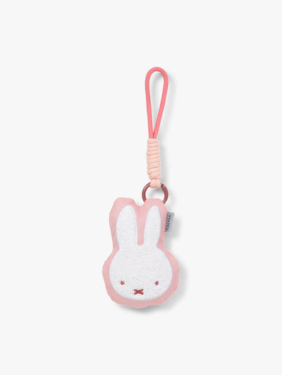 Plush Miffy x CALPAK Pluffy Bag Charm keychain with a pink border and Miffy on a white background; APLF2501-PINK-MIFFY view 1