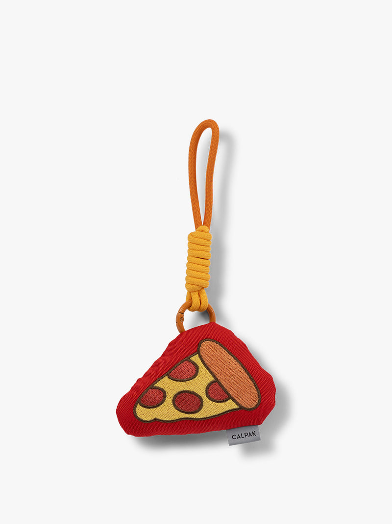 CALPAK Kids Pluffy Bag Charm pepperoni and cheese Pizza on red plush front view