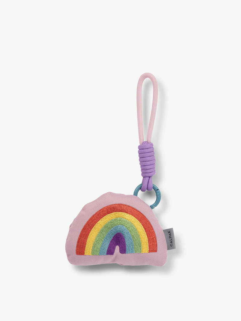 CALPAK Kids Pluffy Bag Charm colorful Rainbow on pink plush front view