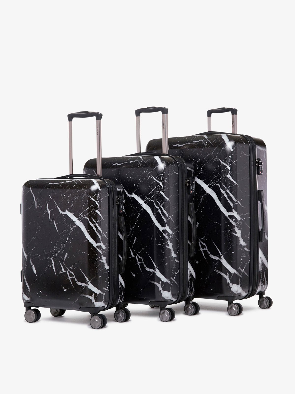 CALPAK Astyll black marble hard shell rolling carry on suitcase as a part of 3 piece luggage set
