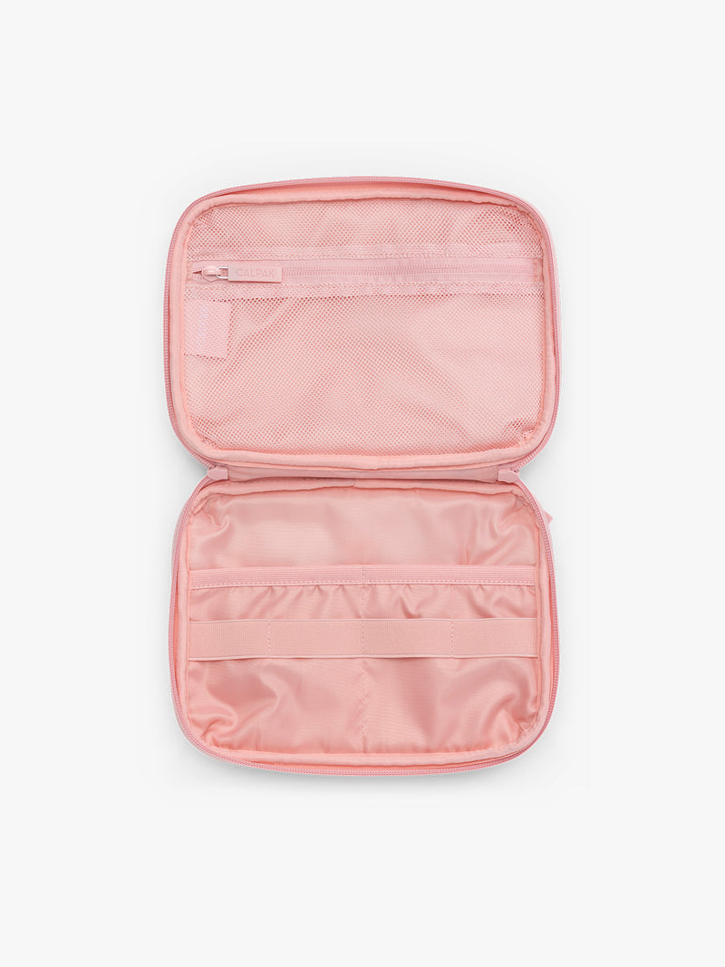 Inside view of CALPAK Tech Organizer in pink with cherry print in Blossom Cherry