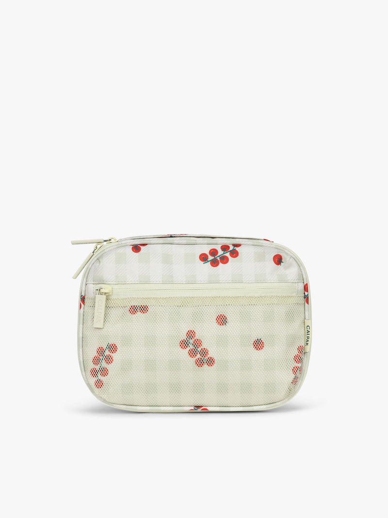 CALPAK Tech Organizer in green and white gingham print with tomato print
