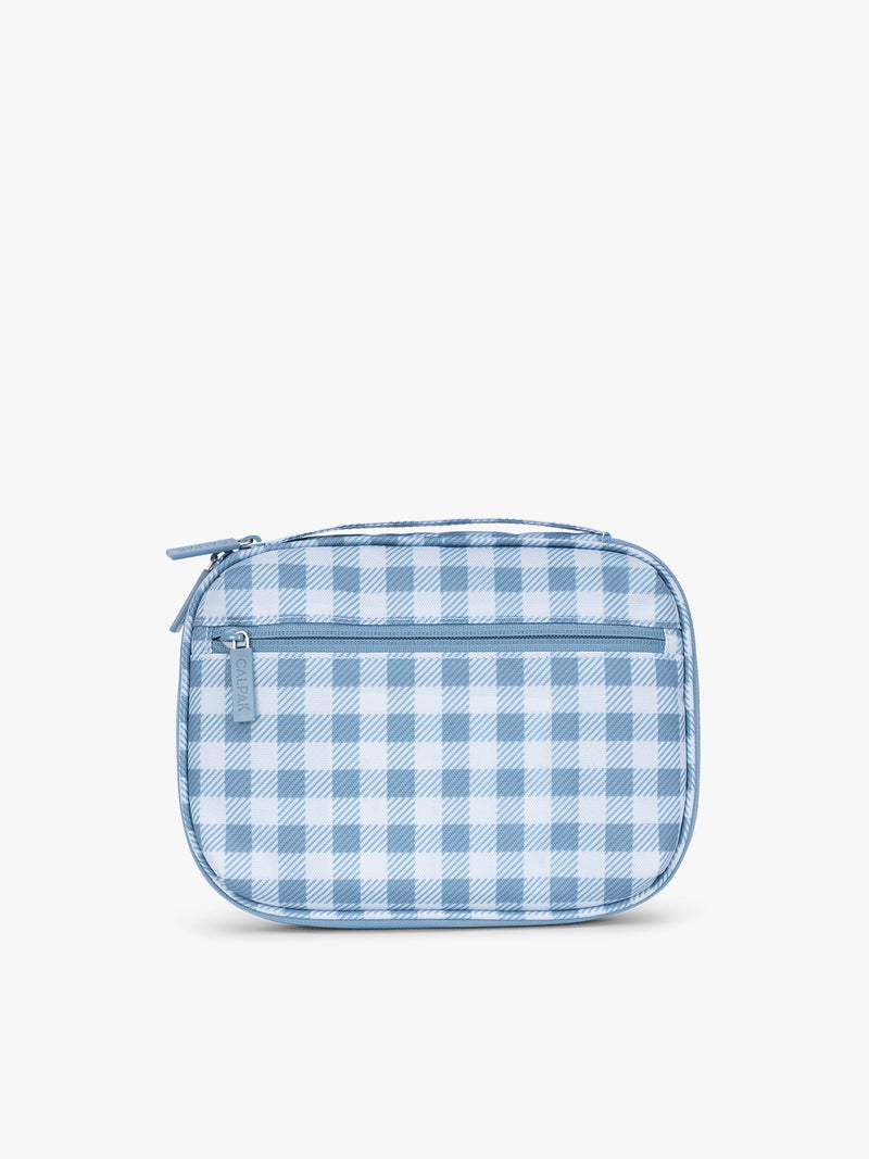 Backside of the CALPAK Tech Organizer in white and blue gingham pattern in French Blue Gingham