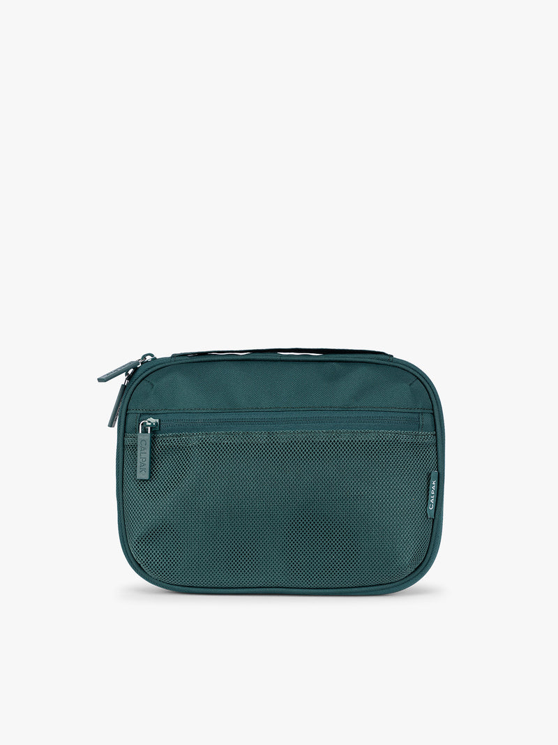 A dark teal green CALPAK Tech Organizer pouch with a front zippered pocket and top zipper, shown against a plain white background
