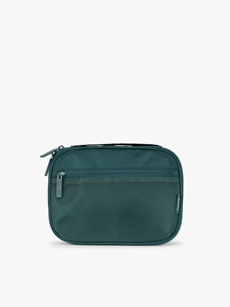 A dark teal green CALPAK Tech Organizer pouch with a front zippered pocket and top zipper, shown against a plain white background; ATC2001-KALE