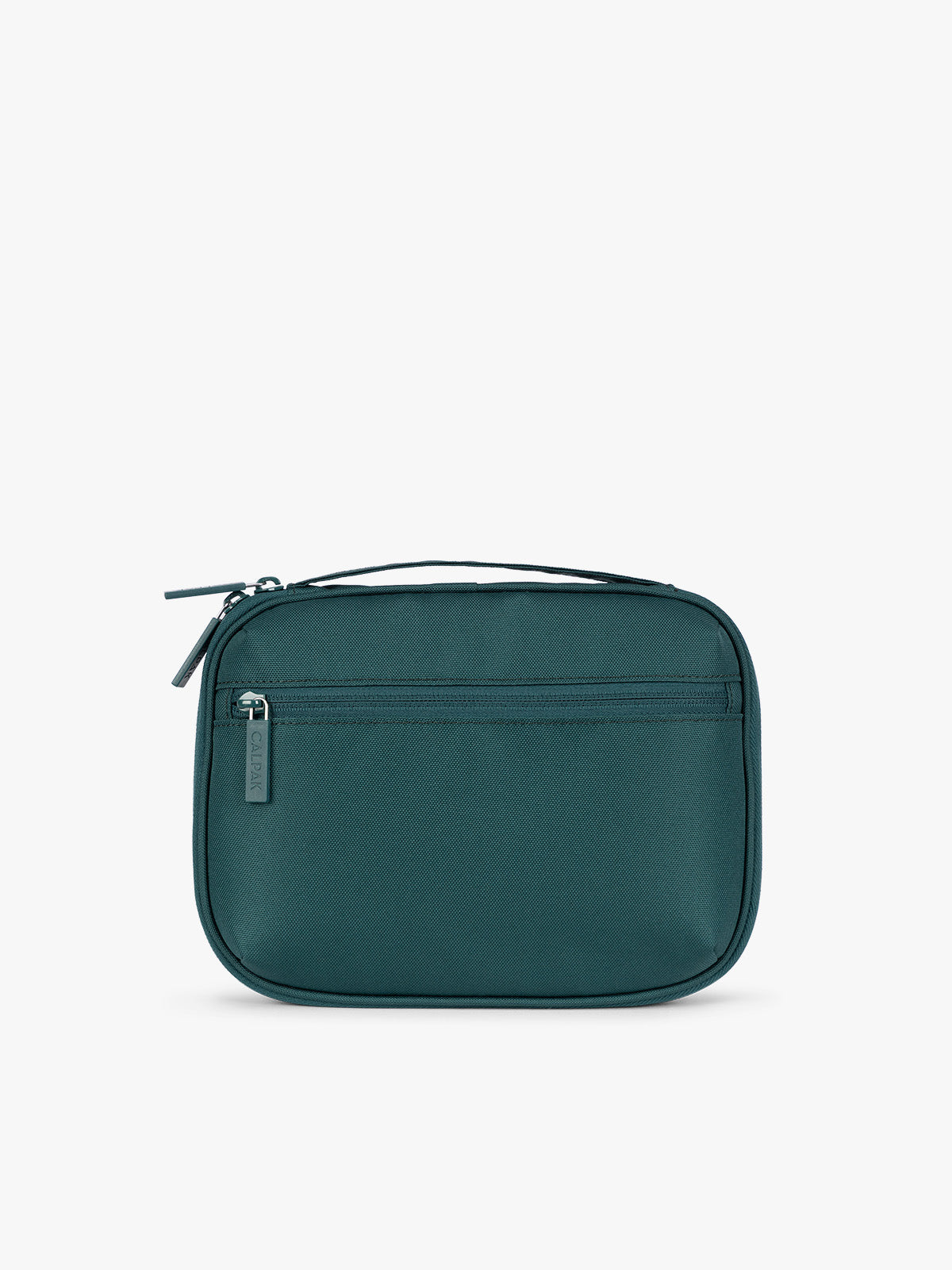 Backside of a dark teal green CALPAK Tech Organizer pouch with a front zippered pocket and top zipper, shown against a plain white background; ATC2001-KALE
