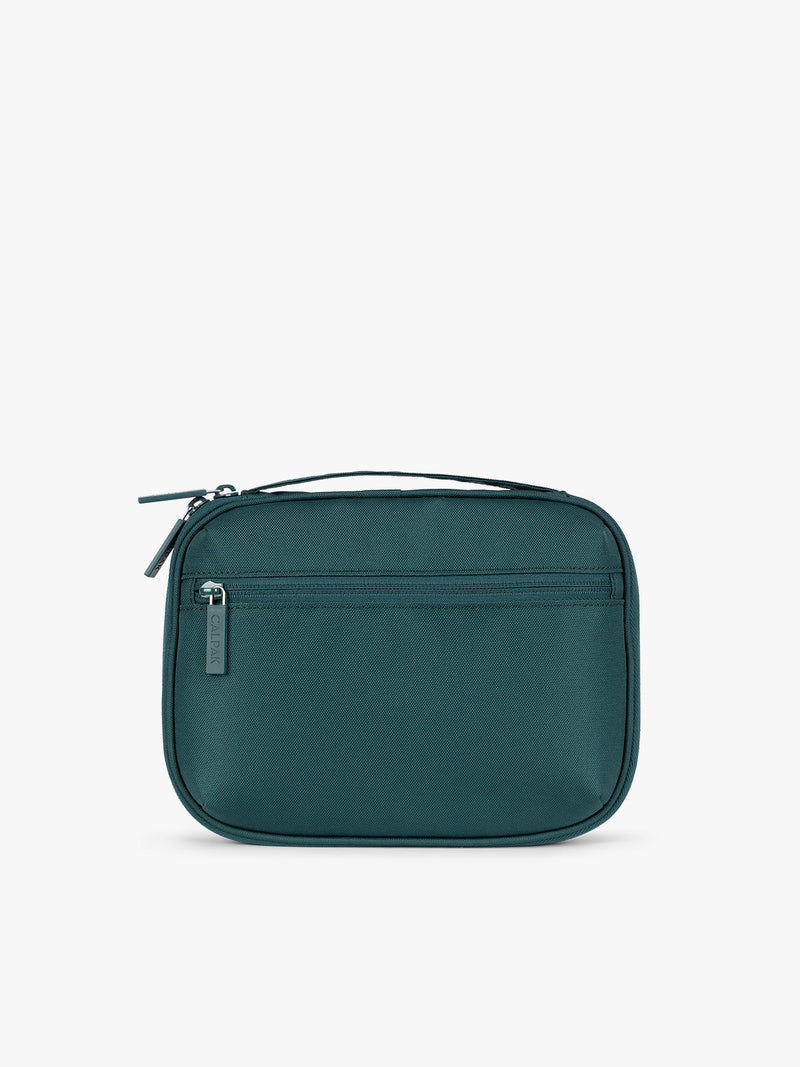 Backside of a dark teal green CALPAK Tech Organizer pouch with a front zippered pocket and top zipper, shown against a plain white background