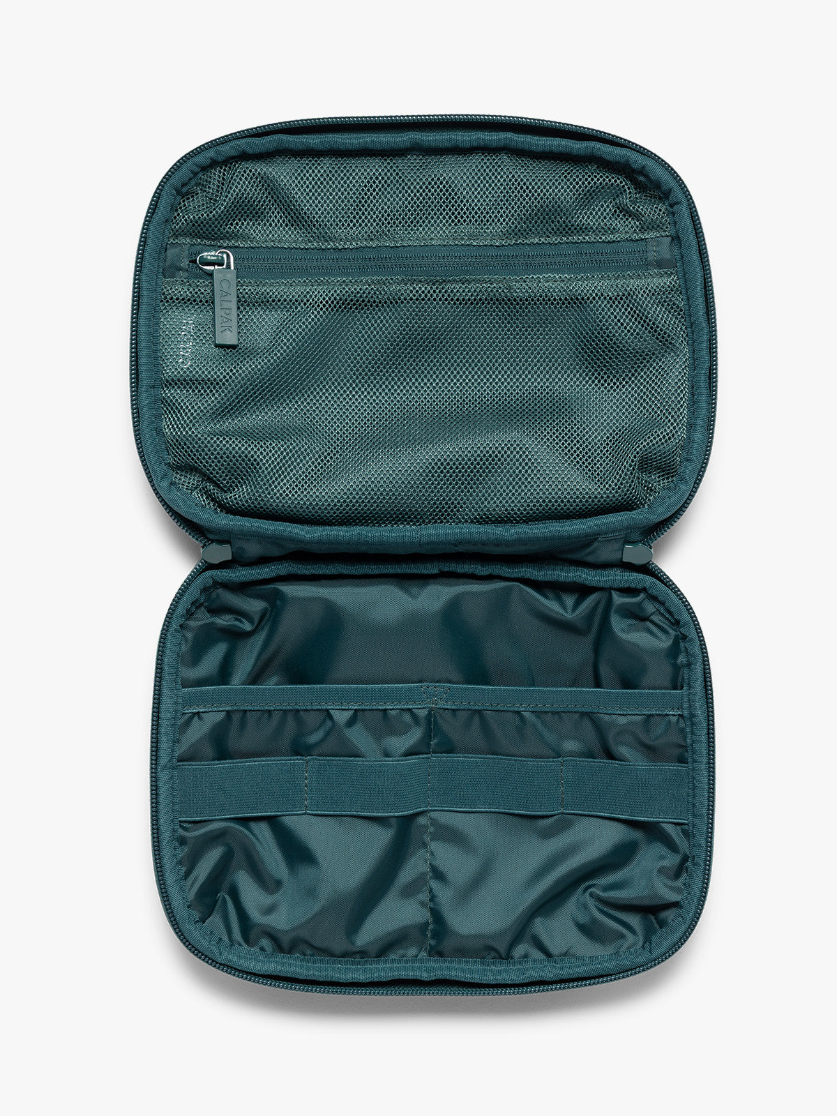 Opened dark teal green CALPAK Tech Organizer pouch with a front zippered pocket and top zipper, shown against a plain white background; ATC2001-KALE
