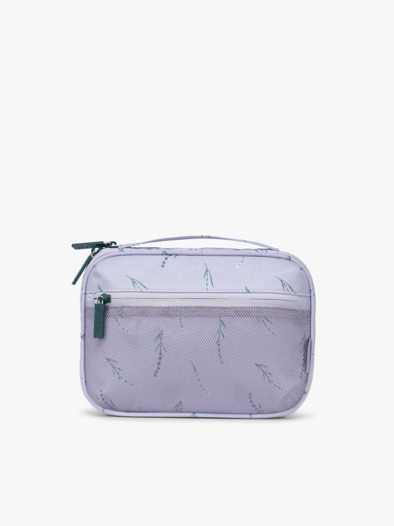 CALPAK Tech Organizer in light purple with lavender print and green accent zipper in Lavender Bloom