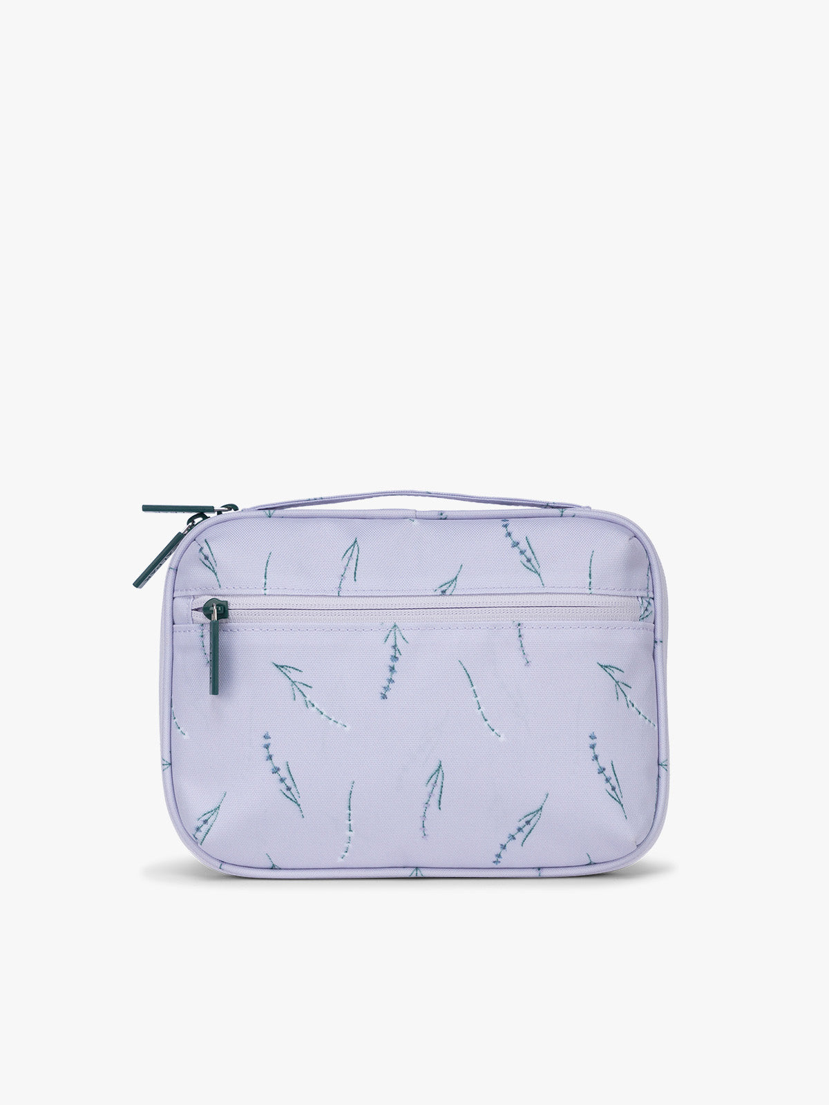 Backside of CALPAK Tech Organizer in light purple with lavender print and green accent zipper in Lavender Bloom; ATC2001-LAVENDER-BLOOM