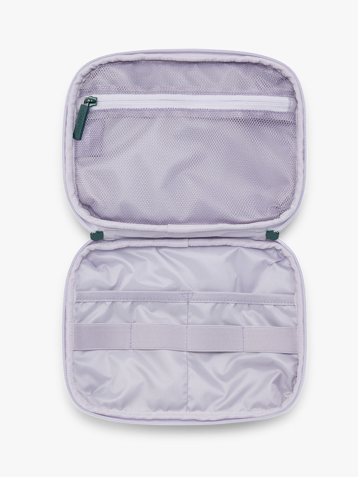 Opened CALPAK Tech Organizer in light purple with lavender print and green accent zipper in Lavender Bloom; ATC2001-LAVENDER-BLOOM