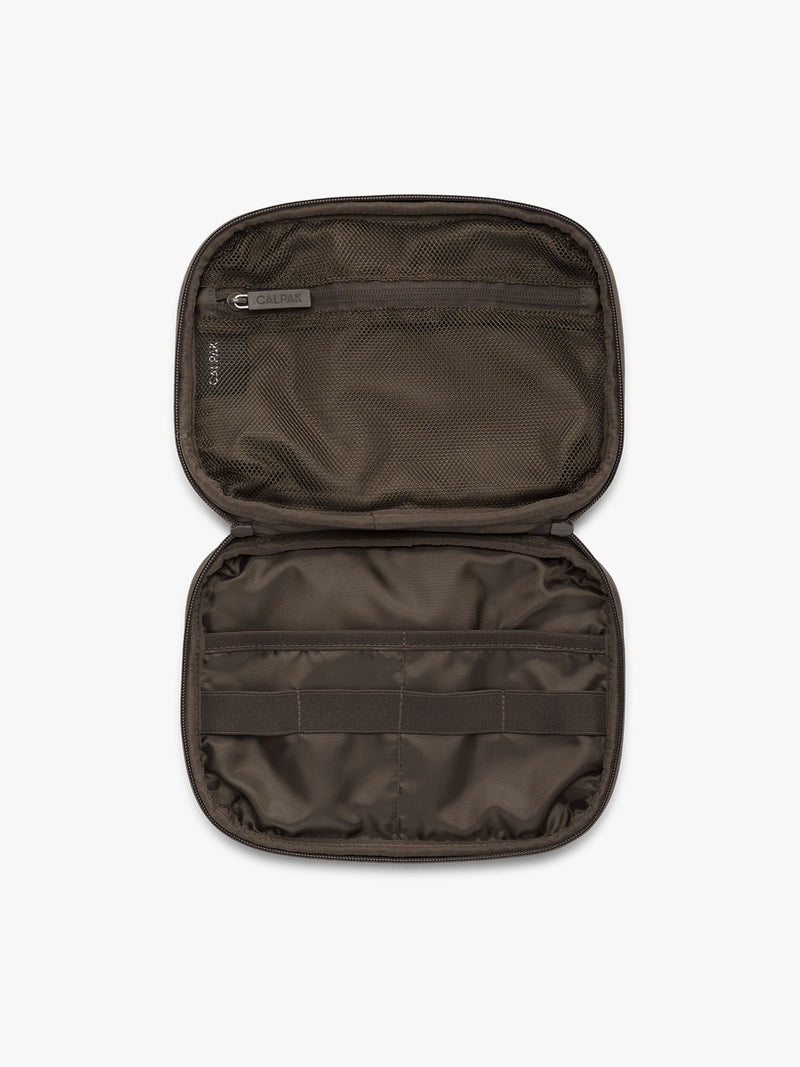 Opened view of CALPAK Tech Organizer in brown Mushroom