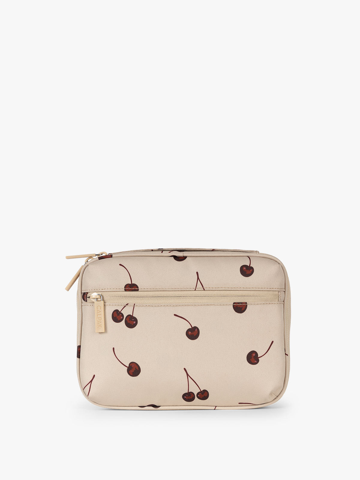 Back view of CALPAK Tech Organizer in beige with cherry print in Oatmeal Blossom; ATC2001-OATMEAL-CHERRY