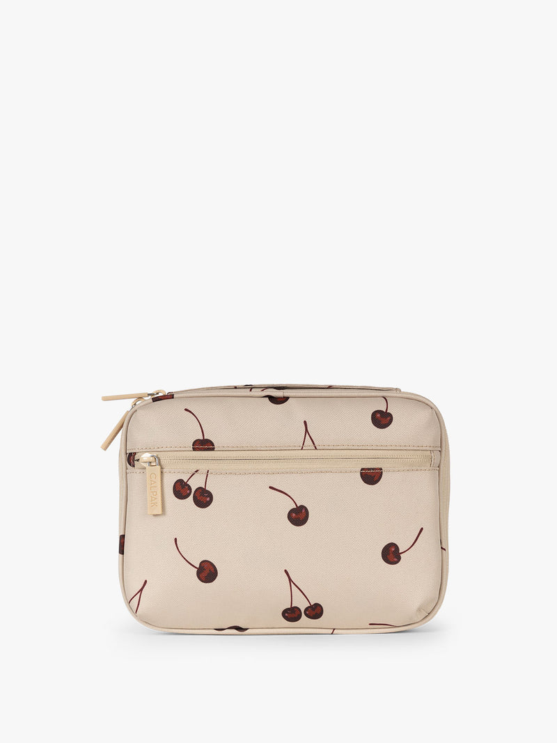 Back view of CALPAK Tech Organizer in beige with cherry print in Oatmeal Blossom