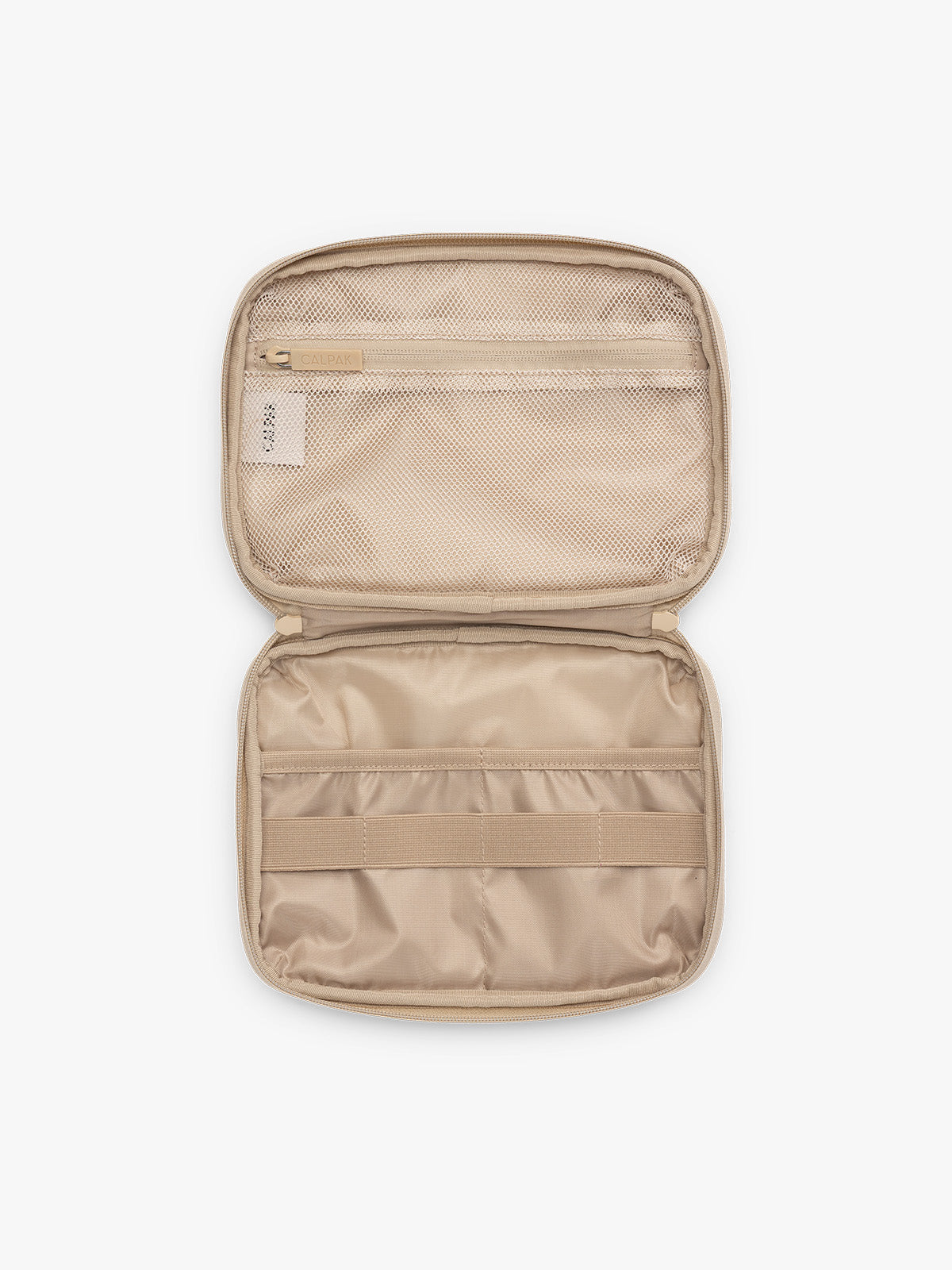 Inside view of CALPAK Tech Organizer in beige with cherry print in Oatmeal Blossom; ATC2001-OATMEAL-CHERRY