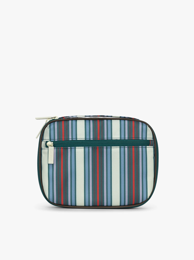 Backside of CALPAK Tech Organizer in multicolor stripes
