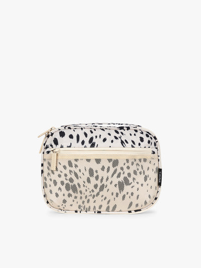 A rectangular CALPAK Tech Organizer pouch in Snow Leopard with a black and beige animal print Leopard pattern, featuring a cream-colored zipper and a small black brand tag on the right side; ATC2001-SNOW-LEOPARD view 1