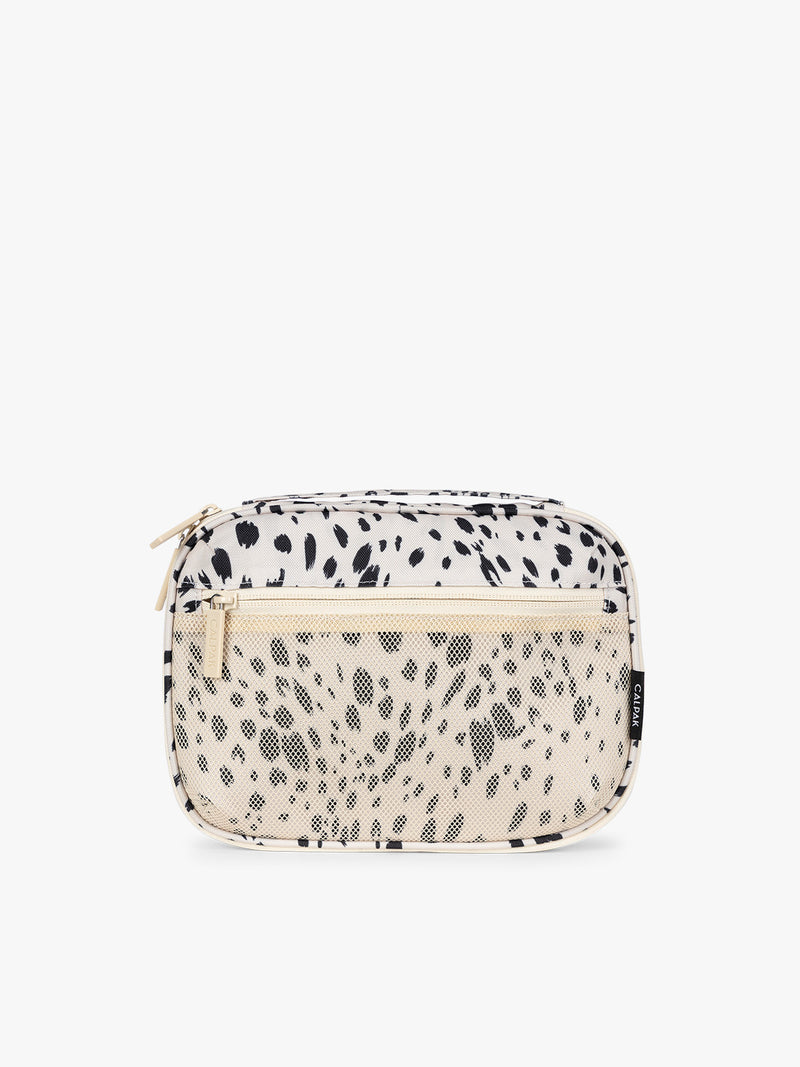 A rectangular CALPAK Tech Organizer pouch in Snow Leopard with a black and beige animal print Leopard pattern, featuring a cream-colored zipper and a small black brand tag on the right side
