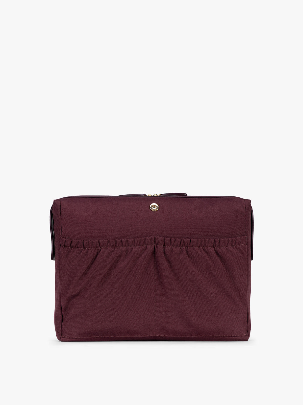 Laptop sleeve of CALPAK Haven 16" Laptop Tote in Dark Cherry deep red crocodile-embossed tote bag with top handles and a detachable shoulder strap, shown against a plain white background; ATO2102-DARK-CHERRY-FAUX-CROC