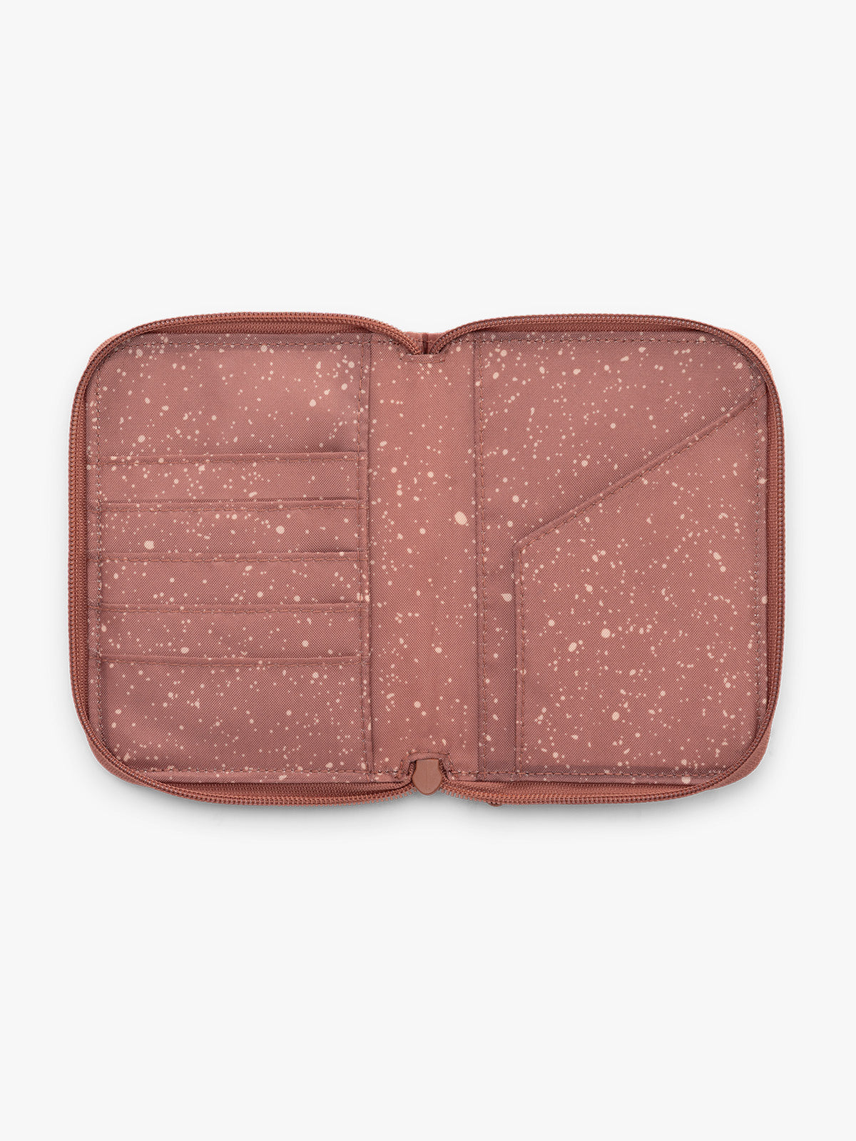 CALPAK Terra Zip Passport Wallet in red-orange Clay opened; ATPW2501-CLAY