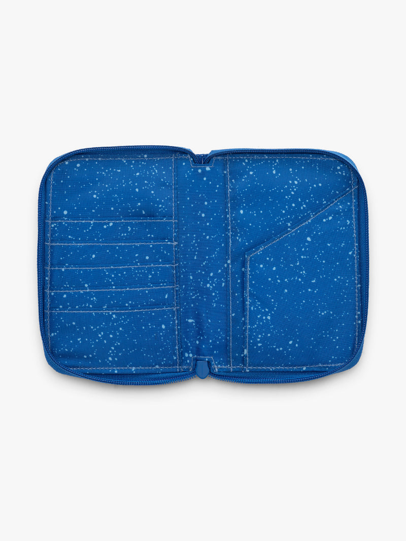 CALPAK Terra Zip Passport Wallet in blue Cobalt opened